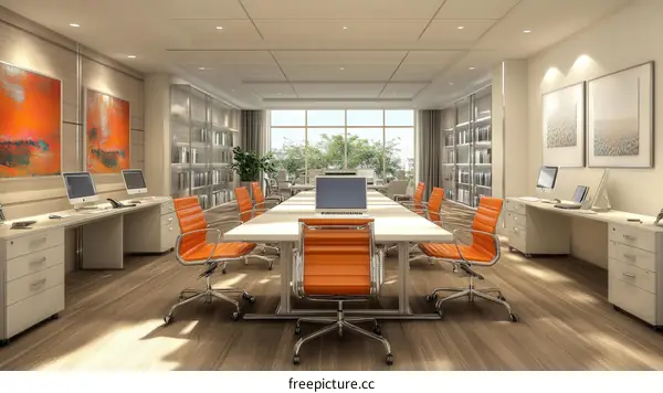 Modern Open Plan Office Space with Orange Chairs