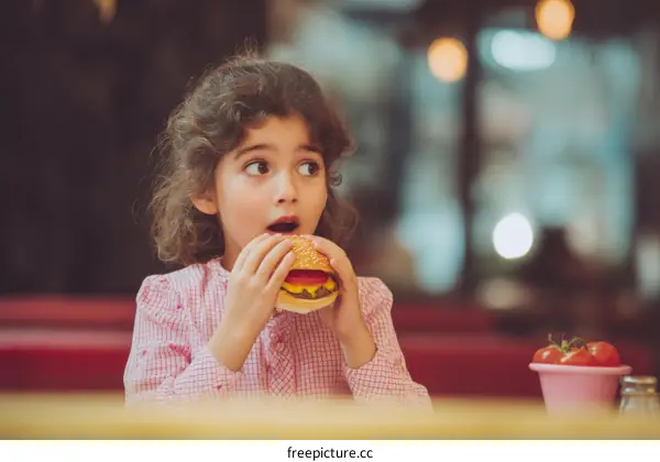 Little Girl Eating a Hamburger in a Restaurant