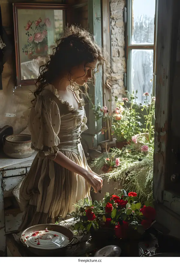 Lady in a vintage dress is arranging flowers