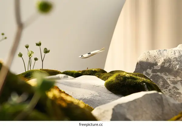 Minimalist Illustration of a Flying Boat Over Rocks and Moss