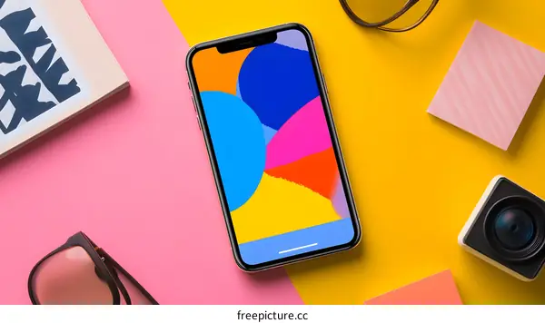 Flat Lay with Cellphone and Accessories on Yellow and Pink Background