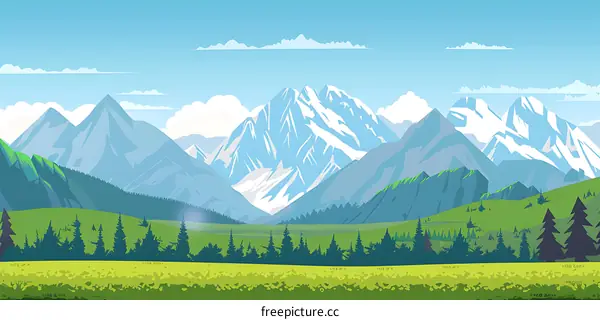 Mountain Landscape Illustration With Green Field And Trees