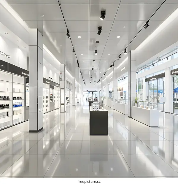 Modern White Interior Design of a Retail Store with Spotlights and Product Displays