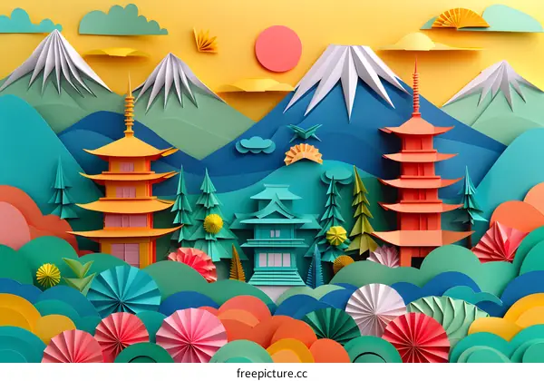 Colorful Paper Art Landscape With Japanese Pagoda