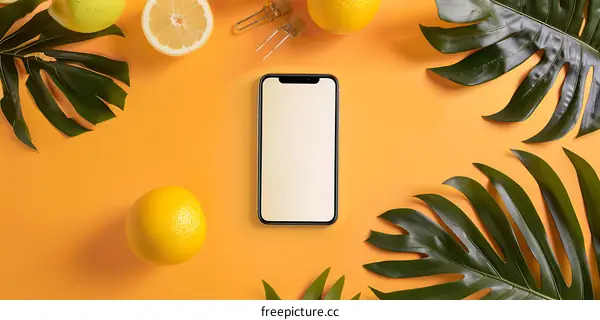 Summer Phone Mockup with Lemons and Tropical Leaves