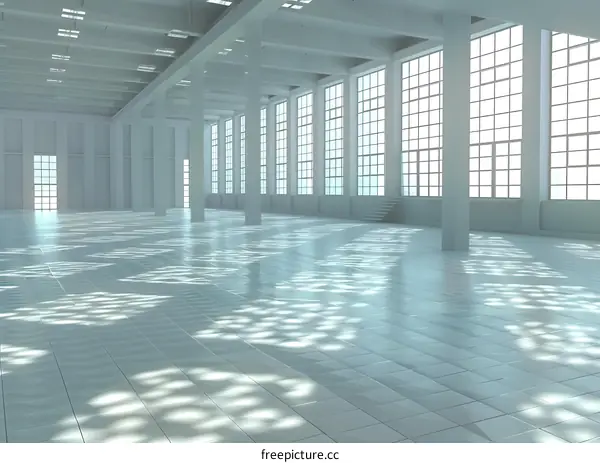 Empty Modern Industrial Building Interior With Large Windows And White Walls