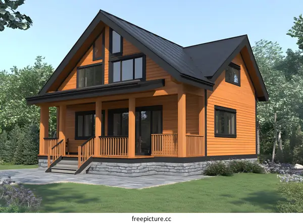 Modern Wooden House with Black Trim and Large Windows