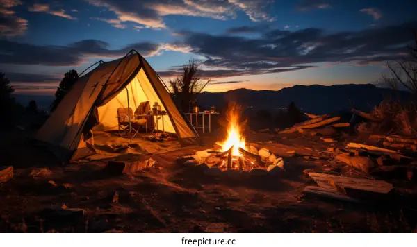 Camping under the stars with a bonfire