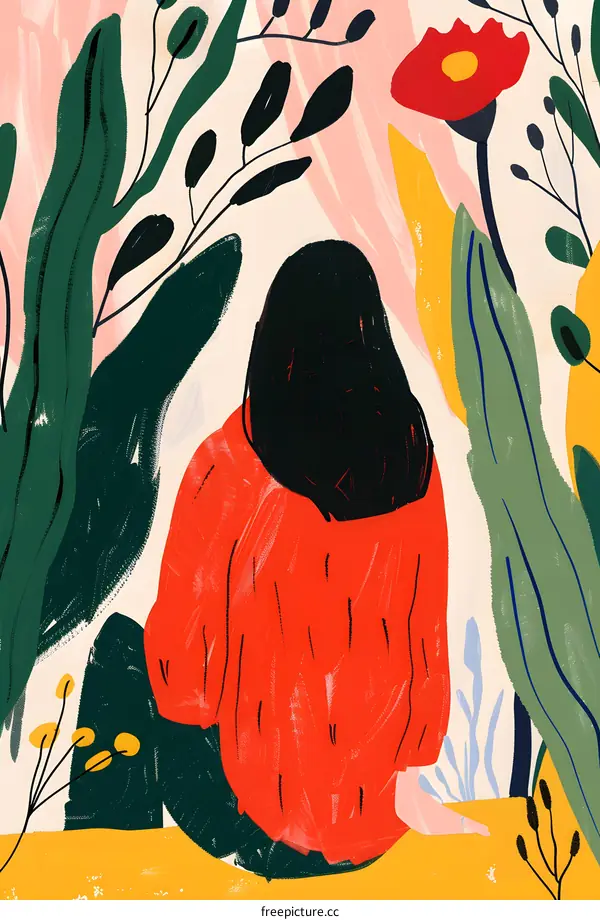 Woman in Red Sitting in Flower Garden