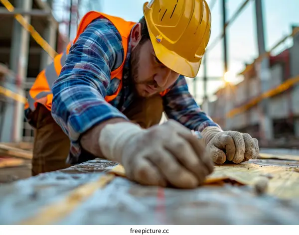 Construction Worker Reviewing Blueprints at a Building Site