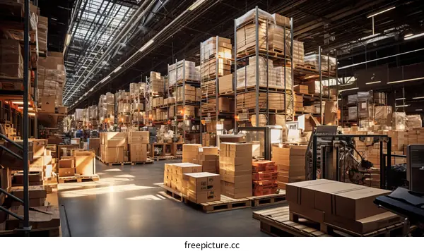 A large warehouse with many shelves full of cardboard boxes