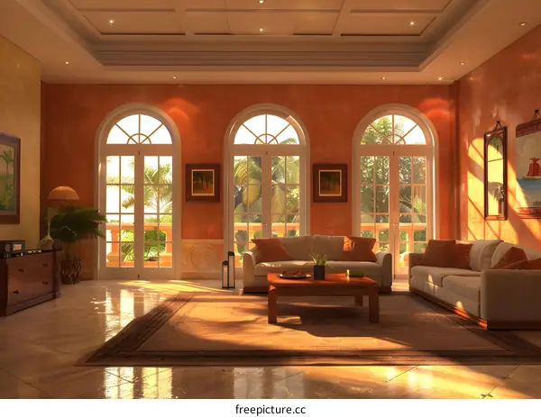 Bright living room with large windows and a comfortable sofa