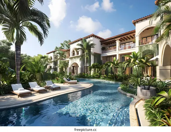 A beautiful resort with a pool and palm trees.