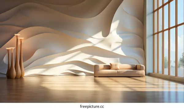 Modern interior space with a large window and a sofa