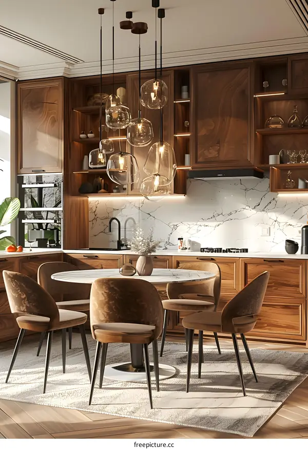 Modern Kitchen Interior Design with Wooden Cabinets and Glass Pendant Lights