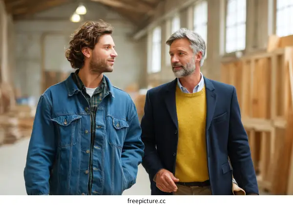 Two Caucasian men in a large warehouse