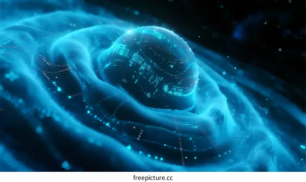 Digital Sphere Surrounded by Flowing Circuit Patterns in Space