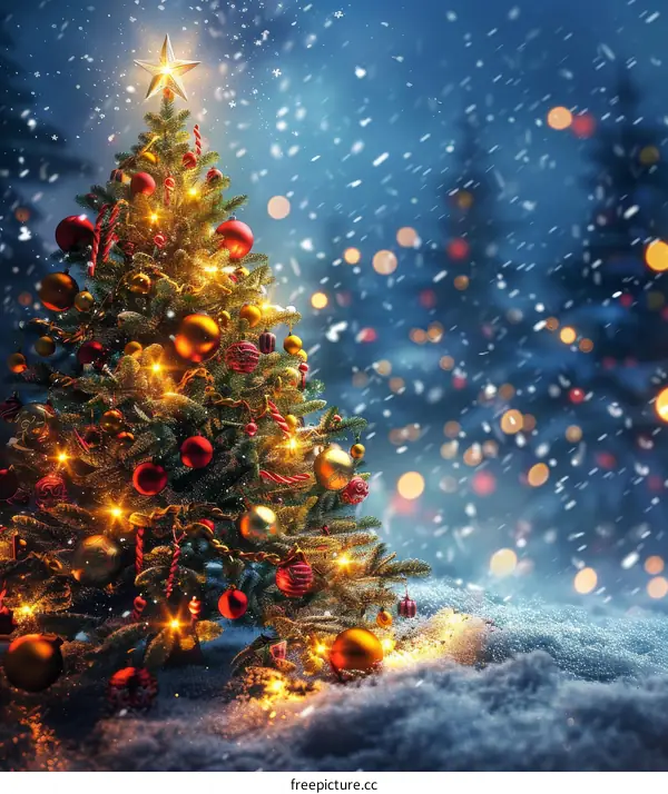 Christmas Tree Decorated with Lights and Ornaments in Winter Scene
