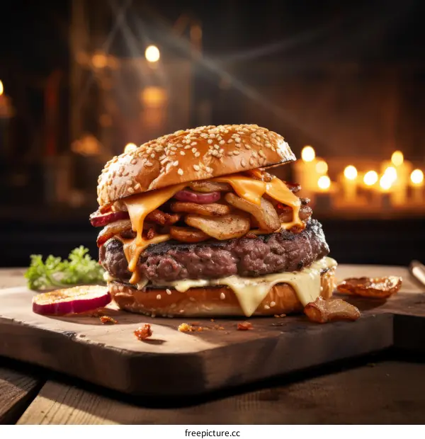 A cheeseburger with caramelized onions and crispy bacon on a wooden cutting board