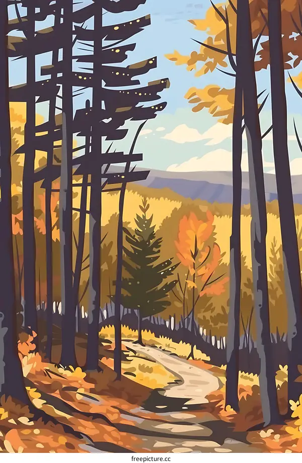 Autumn Forest Path with Tall Trees