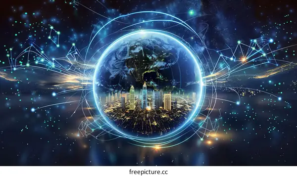 Earth surrounded by a glowing network of connections representing global communication and technology
