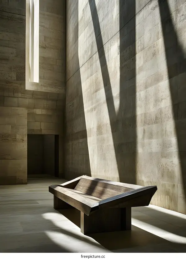 Modern Architectural Interior with Wooden Bench and Sunlight