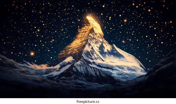 Golden Mountain Peak Under Starry Night
