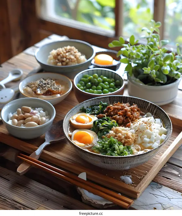 A delicious Japanese breakfast with rice, egg and natto