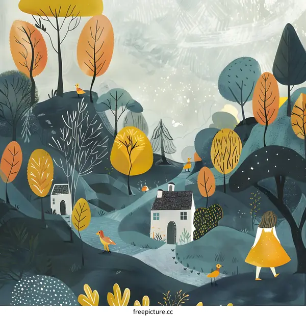 Illustrated Girl Walking Through the Woods