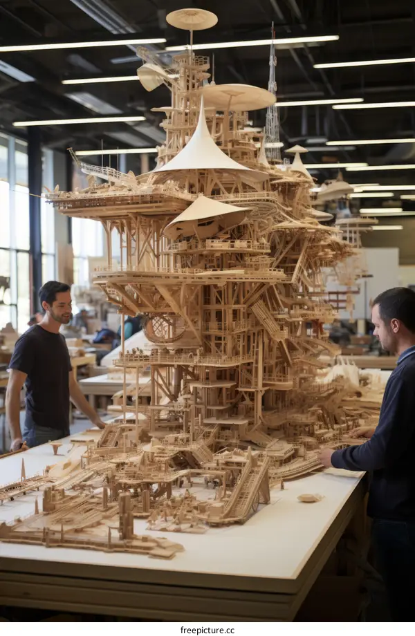 An intricate wooden model of a city with two men standing beside it