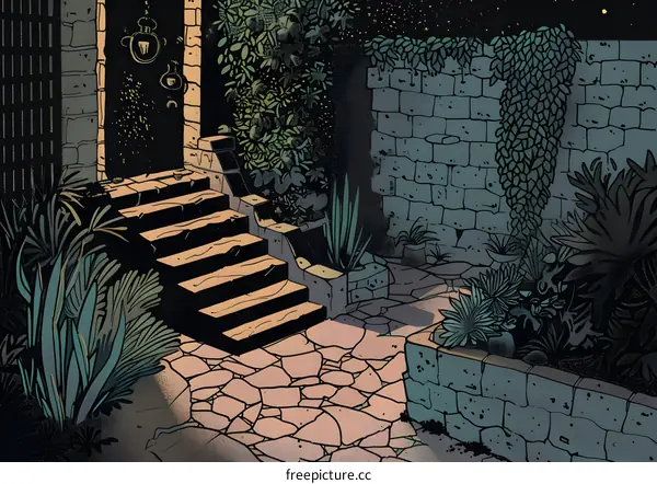 Stone Steps Leading to a Secret Garden at Night