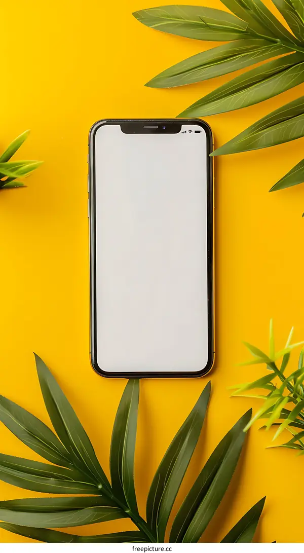 Smartphone Mockup With Tropical Leaves on Yellow Background