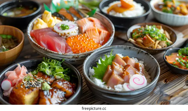 Close Up Of Variety Of Japanese Cuisine Served In Bowls