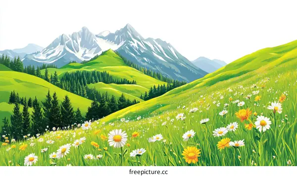 Spring Meadow Landscape Illustration with Snow-capped Mountains