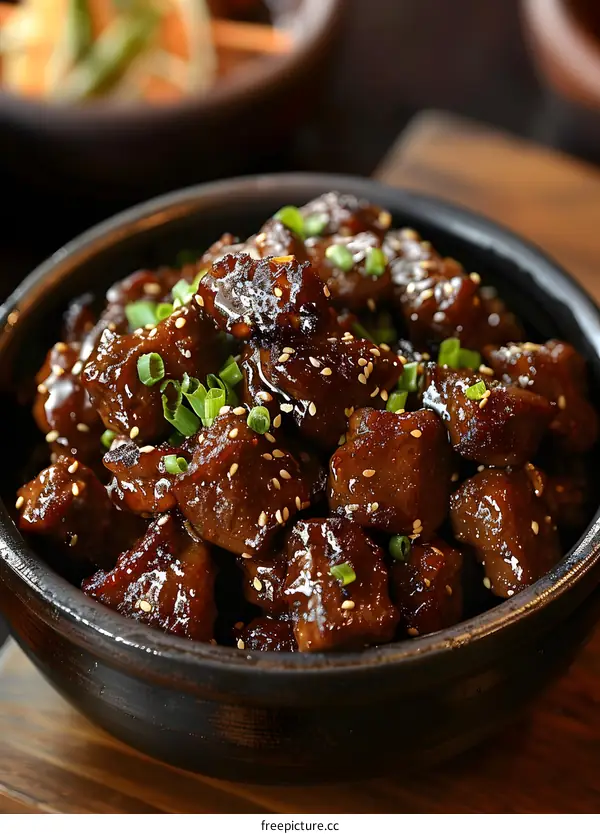 A bowl of diced beef with sesame seeds and spring onions