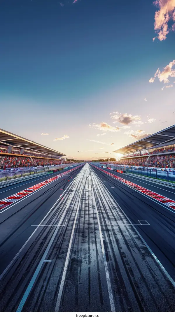 Race track with empty grandstands at sunset