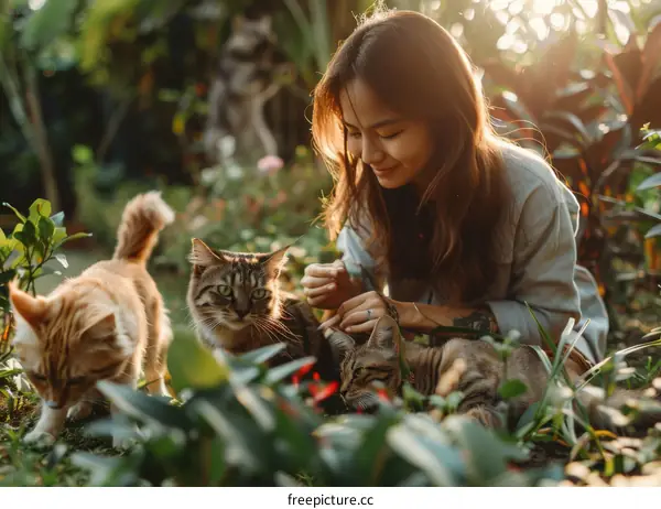A young woman is petting three cats in a garden.