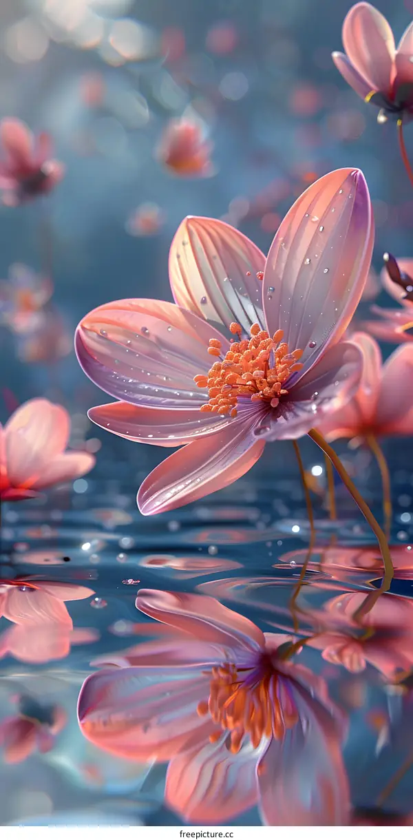 Pink cosmos flowers with water droplets on the petals