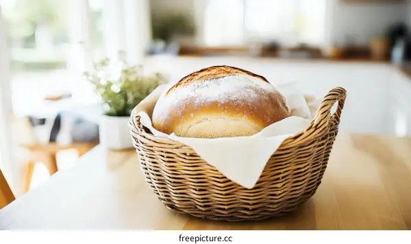 Fresh Baked Bread in a Wicker Basket on a Table