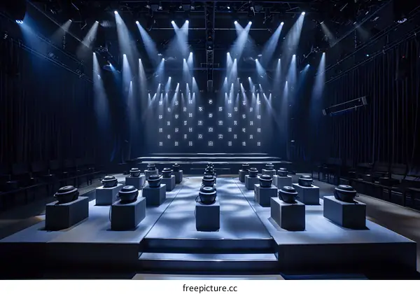 Empty Stage with Spotlights and Chairs in Dark Room
