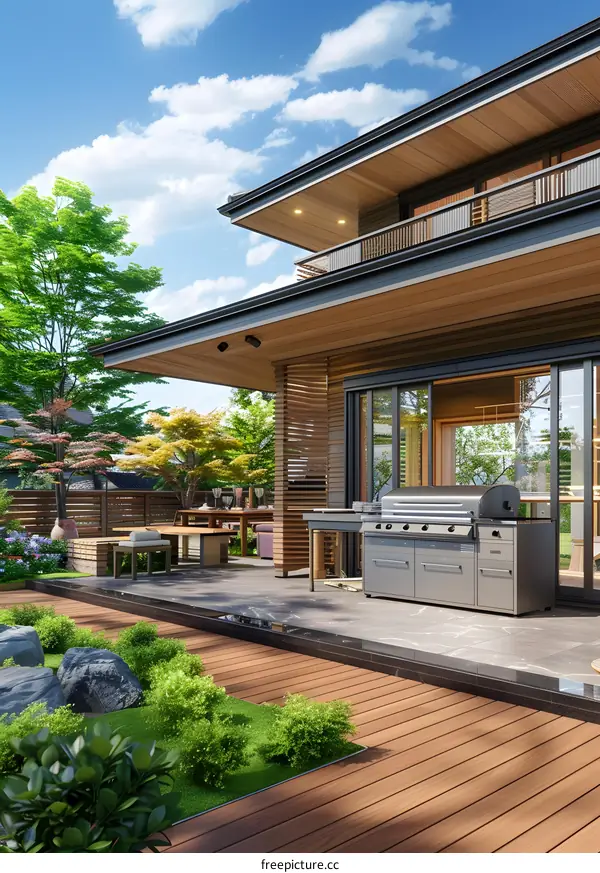 Modern Home Backyard With Patio And Grill