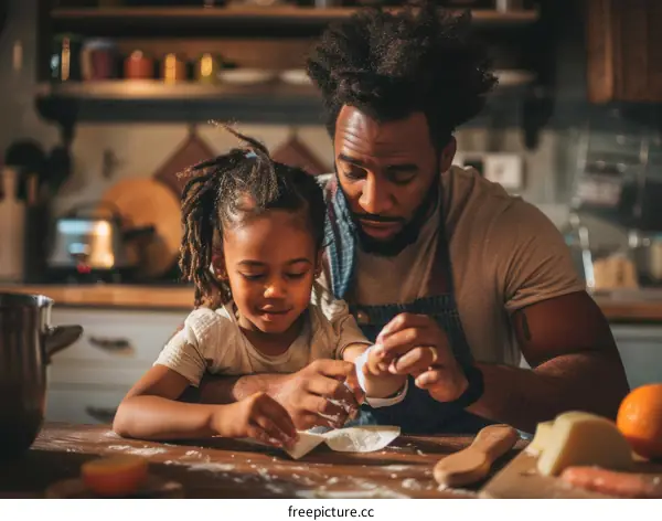 Father and daughter cooking together in the kitchen