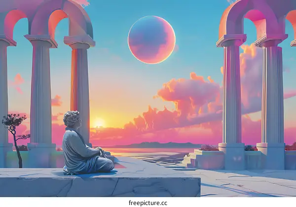 Sunset View Through Grecian Pillars with a Statue