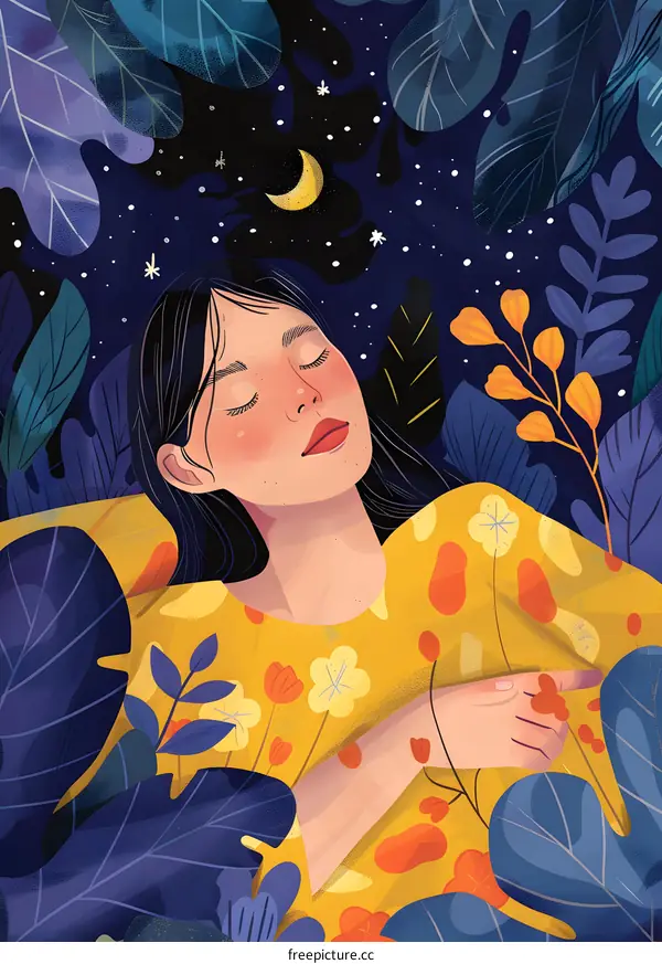 Woman Sleeping Under The Stars in Floral Illustration