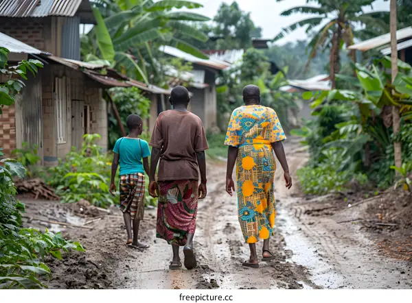 Three people walking on a muddy road in a rural village