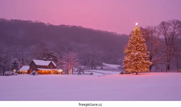 A beautiful winter scene of a snow-covered field and a large decorated Christmas tree with a house in the background