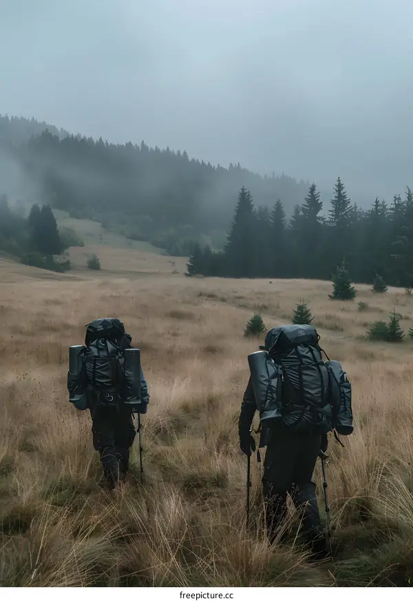 Two Hikers Walking Through Foggy Forest