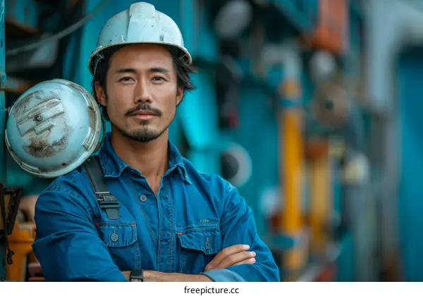 Portrait of a male worker wearing a hard hat and blue work clothes
