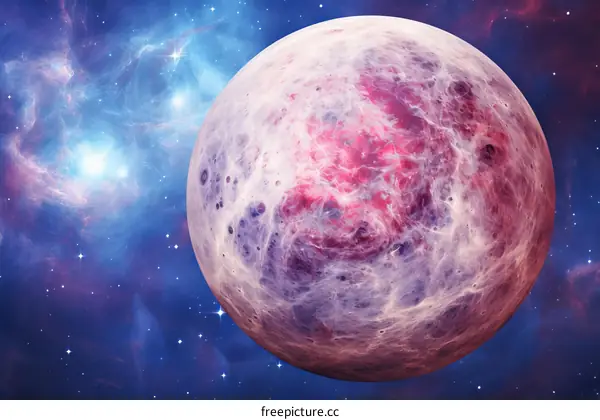 An illustration of a pink and white planet with a blue and purple background