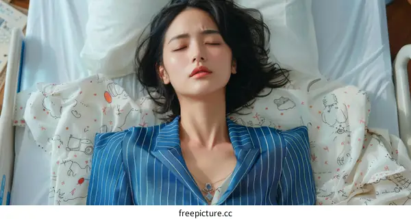 A woman in a blue suit is lying on a bed with her eyes closed